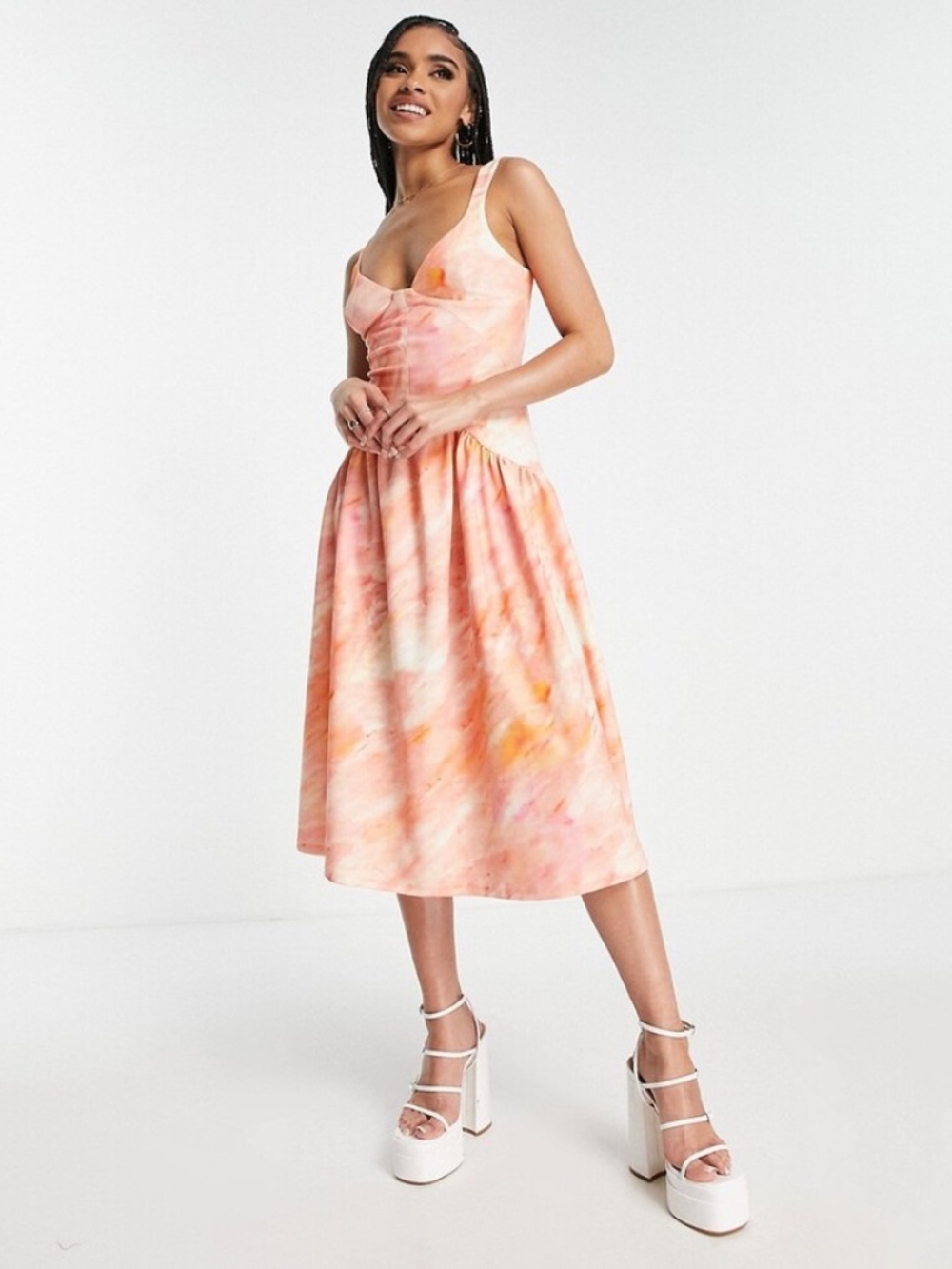 ASOS DESIGN corset detail drop waist midi dress in pink and orange tie dye